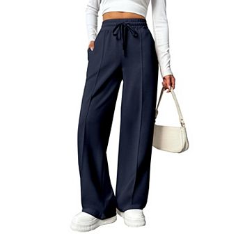 PINSPARK Women's High Waisted Drawstring Wide Leg Track Pants Loose Casual Sweatpants with Pocket