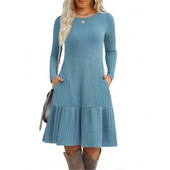 Zeagoo Women's Round Neck Ribbed Knit Sweater Dress Flowy Knee Length Dress with Pockets
