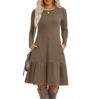 Zeagoo Women's Round Neck Ribbed Knit Sweater Dress Flowy Knee Length Dress with Pockets