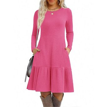Zeagoo Women's Round Neck Ribbed Knit Sweater Dress Flowy Knee Length Dress with Pockets