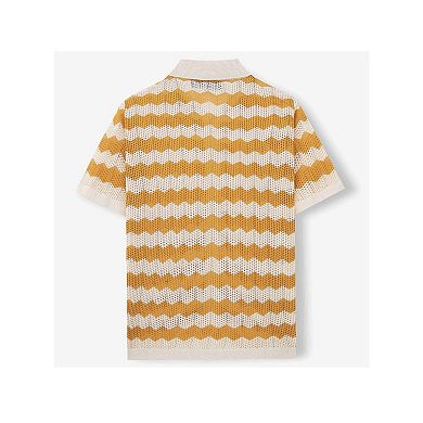 Mens Striped Collared Button Down Shirts Crochet Knit Short Sleeve Summer Vacation Casual Tops