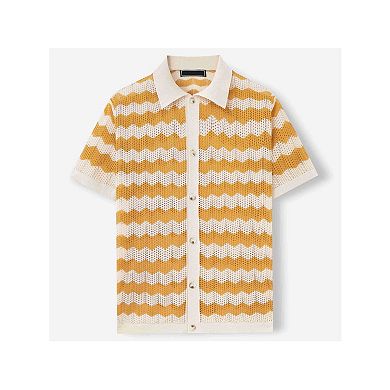 Mens Striped Collared Button Down Shirts Crochet Knit Short Sleeve Summer Vacation Casual Tops