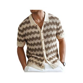 Mens Striped Collared Button Down Shirts Crochet Knit Short Sleeve Summer Vacation Casual Tops