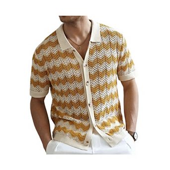 Mens Striped Collared Button Down Shirts Crochet Knit Short Sleeve Summer Vacation Casual Tops