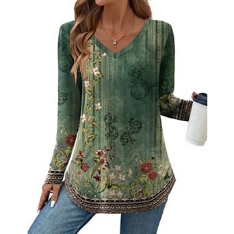 Zeagoo Women's Long Sleeve Floral Blouse, Casual Basic Tunic Tops to Wear with Leggings