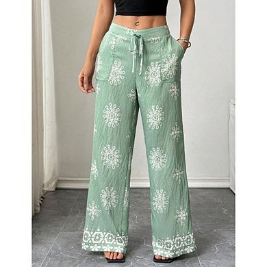 Women's Graphic Wide Leg Bow Elastic Waist Beach Trousers