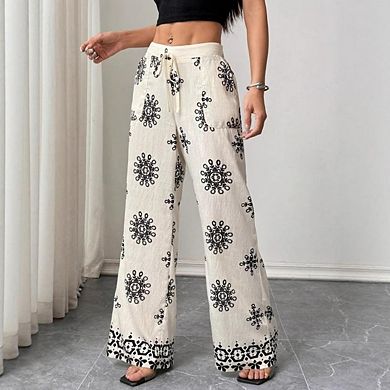 Women's Graphic Wide Leg Bow Elastic Waist Beach Trousers