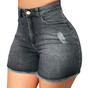 Women High Waisted Stretchy Denim Shorts Casual Frayed Distressed Ripped Short Jeans