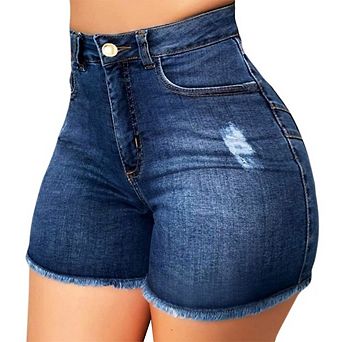 Women High Waisted Stretchy Denim Shorts Casual Frayed Distressed Ripped Short Jeans