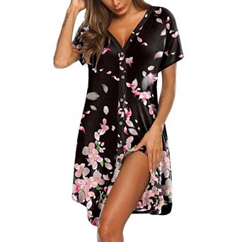 Ekouaer Women's Soft Short-Sleeve Button-Front V-Neck Nightgown with Pockets