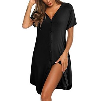 Ekouaer Women's Button Down Nightgown Short Sleeve Sleepshirt V Neck Night Shirt Soft Pajamas Dress
