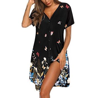 Ekouaer Women's Soft Short-Sleeve Button-Front V-Neck Nightgown with Pockets