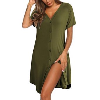 Ekouaer Women's Button Down Nightgown Short Sleeve Sleepshirt V Neck Night Shirt Soft Pajamas Dress
