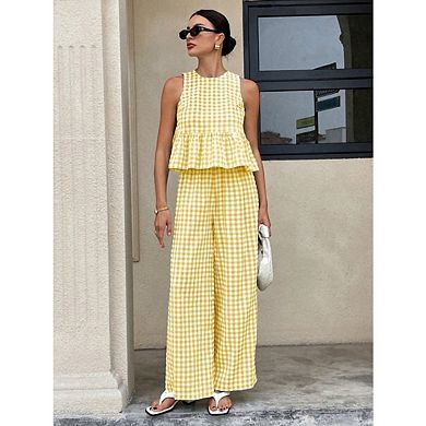 Women's 2 Piece Gingham Set Outfits Ruffle Tank Top and Wide Leg Lounge Pants