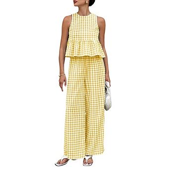 Women's 2 pc Gingham Set Outfits Ruffle Tank Top and Wide Leg Lounge Pants