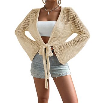 Women Casual Cardigans Hollow Out Tie Front Cardigan Summer Crop Crochet Bolero Tops