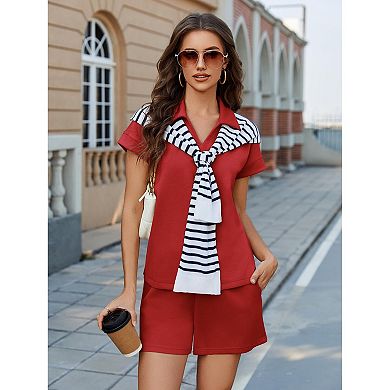 Pinspark Women's Summer 2 Piece Sweatsuit Short Sleeve Sweatshirt & Sweat Shorts Lounge Set