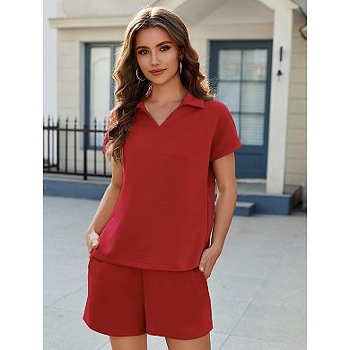 Pinspark Women's Summer 2 Piece Sweatsuit Short Sleeve Sweatshirt & Sweat Shorts Lounge Set