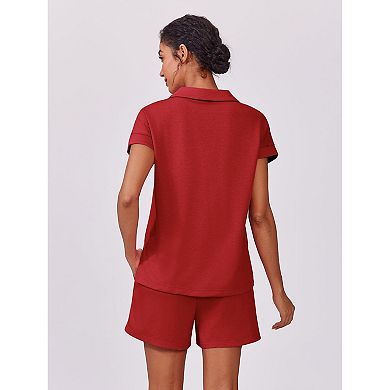 Pinspark Women's Summer 2 Piece Sweatsuit Short Sleeve Sweatshirt & Sweat Shorts Lounge Set