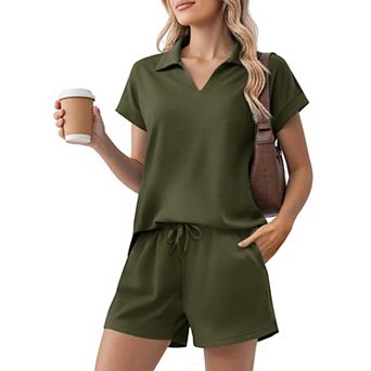 Pinspark Women's Summer 2 pc Sweatsuit Short Sleeve Sweatshirt & Sweat Shorts Lounge Set
