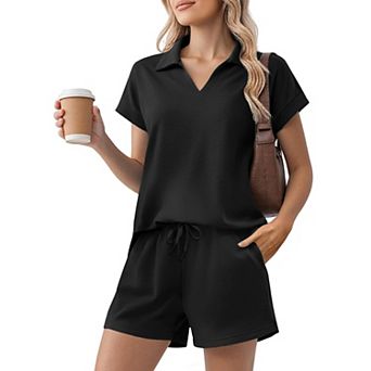 Pinspark Women's Summer 2 pc Sweatsuit Short Sleeve Sweatshirt & Sweat Shorts Lounge Set