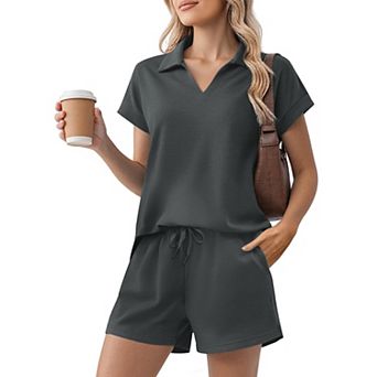 Pinspark Women's Summer 2 pc Sweatsuit Short Sleeve Sweatshirt & Sweat Shorts Lounge Set