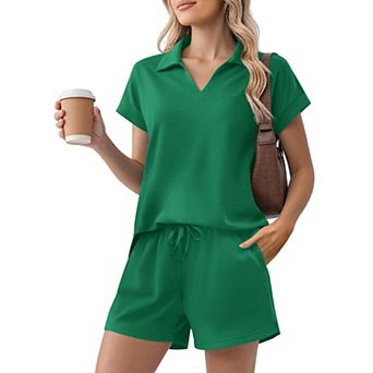 Pinspark Women's Summer 2 pc Sweatsuit Short Sleeve Sweatshirt & Sweat Shorts Lounge Set