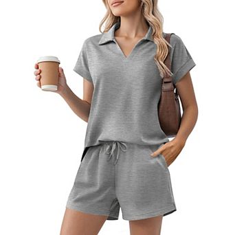 Pinspark Women's Summer 2 pc Sweatsuit Short Sleeve Sweatshirt & Sweat Shorts Lounge Set