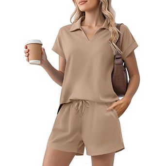 Pinspark Women's Summer 2 pc Sweatsuit Short Sleeve Sweatshirt & Sweat Shorts Lounge Set