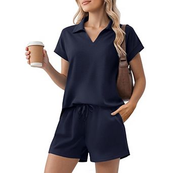 Pinspark Women's Summer 2 pc Sweatsuit Short Sleeve Sweatshirt & Sweat Shorts Lounge Set