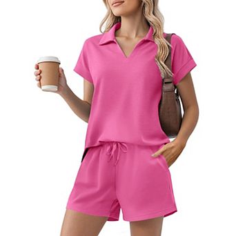 Pinspark Women's Summer 2 pc Sweatsuit Short Sleeve Sweatshirt & Sweat Shorts Lounge Set