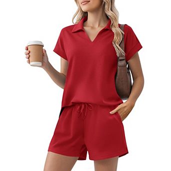 Pinspark Women's Summer 2 pc Sweatsuit Short Sleeve Sweatshirt & Sweat Shorts Lounge Set