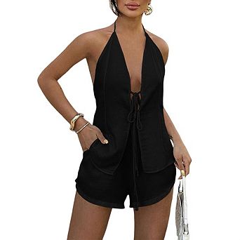 Women Tie Front Shorts Set V Neck Halter Cami Top Y2K 2 pc Set Beach Lounge Outfit