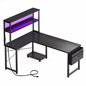 53" Reversible L-Shape Gaming Desk with LED Lights, Power Outlets, Storage & Hooks for Home Office
