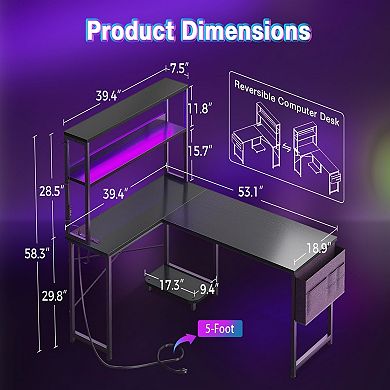 53" Reversible L-Shape Gaming Desk with LED Lights, Power Outlets, Storage & Hooks for Home Office