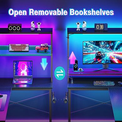 53" Reversible L-Shape Gaming Desk with LED Lights, Power Outlets, Storage & Hooks for Home Office