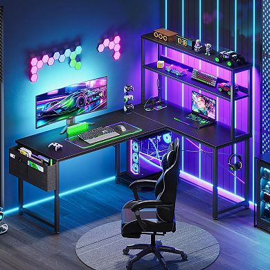 53" Reversible L-Shape Gaming Desk with LED Lights, Power Outlets, Storage & Hooks for Home Office