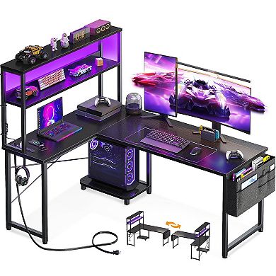 53" Reversible L-Shape Gaming Desk with LED Lights, Power Outlets, Storage & Hooks for Home Office