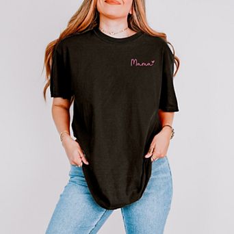 Embroidered Mama Heart Cursive - Women's Garment Dyed Graphic T-Shirt
