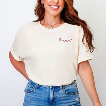 Embroidered Mama Heart Cursive - Women's Garment Dyed Graphic T-Shirt