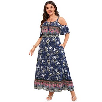 Women's Plus Size Floral Maxi Dress Summer Cold Shoulder Short Sleeve Long Flowy Boho Dress