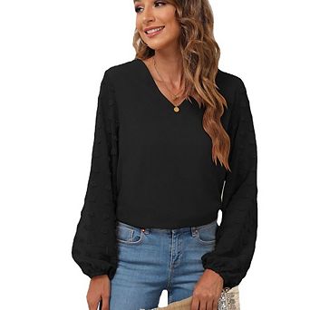 Women's Casual V Neck Textured Long Sleeve Loose Fit T Shirt