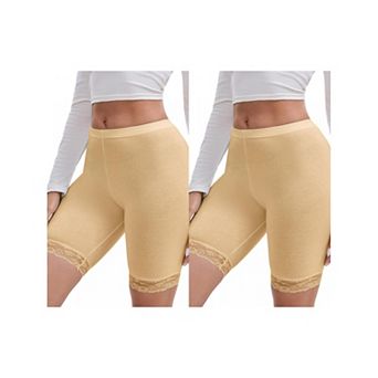 2 Packs Women's Lace Trim Medium Length Control Panties Elastic Lightweight Soft Slimming Shorts