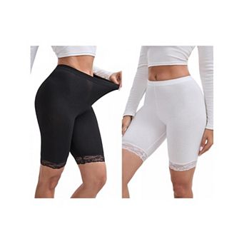 2 Packs Women's Lace Trim Medium Length Control Panties Elastic Lightweight Soft Slimming Shorts