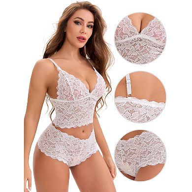 2 Packs Women's Lace Lingerie Set Adjustable Spaghetti Straps Deep V Push-Up Bra High Rise Boyshorts