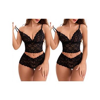 2 Packs Women's Lace Lingerie Set Adjustable Spaghetti Straps Deep V Push-Up Bra High Rise Boyshorts
