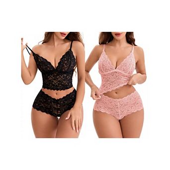 2 Packs Women's Lace Lingerie Set Adjustable Spaghetti Straps Deep V Push-Up Bra High Rise Boyshorts