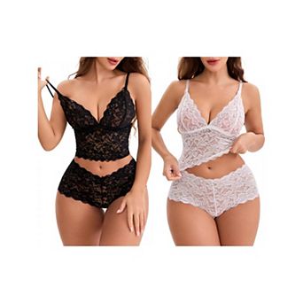 2 Packs Women's Lace Lingerie Set Adjustable Spaghetti Straps Deep V Push-Up Bra High Rise Boyshorts