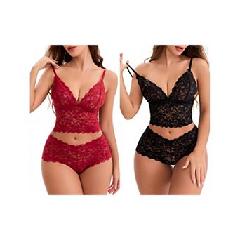 2 Packs Women's Lace Lingerie Set Adjustable Spaghetti Straps Deep V Push-Up Bra High Rise Boyshorts
