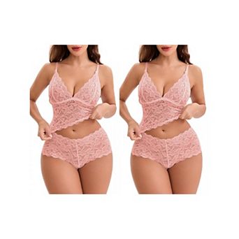 2 Packs Women's Lace Lingerie Set Adjustable Spaghetti Straps Deep V Push-Up Bra High Rise Boyshorts